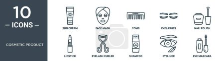 cosmetic product outline icon set includes thin line sun cream, face mask, comb, eyelashes, nail polish, lipstick, eyelash curler icons for report, presentation, diagram, web design