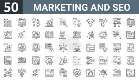 set of 50 outline web marketing and seo icons such as web de, web development, ting, profit chart, market research, unsecure, affiliate marketing vector thin icons for report, presentation, diagram,