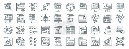 set of 40 outline web marketing and seo icons such as unsecure, advertisment, target audience, email marketing, newspaper, video content, speedometer icons for report, presentation, diagram, web