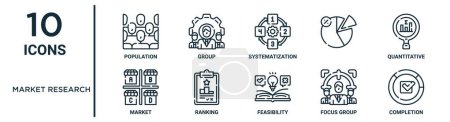 market research outline icon set such as thin line population, systematization, quantitative, ranking, focus group, completion, market icons for report, presentation, diagram, web design
