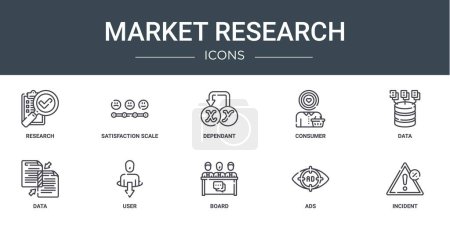 set of 10 outline web market research icons such as research, satisfaction scale, dependant, consumer, data, data, user vector icons for report, presentation, diagram, web design, mobile app