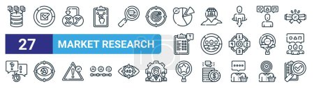 set of 27 outline web market research icons such as data, completion, dependant, de, demographic, eye tracking, qualitative research, research vector thin line icons for web design, mobile app.