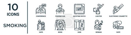 Illustration for Smoking outline icon set such as thin line conference, nicotine patch, electronic cigarette, book, woman, vape, vape icons for report, presentation, diagram, web design - Royalty Free Image