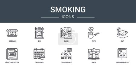 set of 10 outline web smoking icons such as hookah, bin, card, pipe, cup, nicotine patch, calendar vector icons for report, presentation, diagram, web design, mobile app