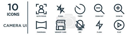 jeu d'icônes de contour de l'appareil photo ui tels que la mise au point automatique à ligne mince, minuterie, zoom avant, carte mémoire, flash, lecture, icônes panorama pour rapport, présentation, diagramme, conception Web