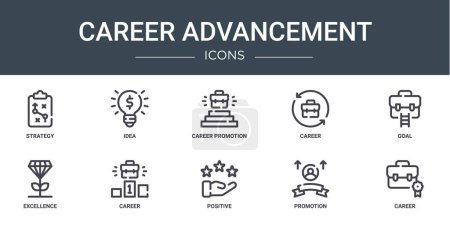 set of 10 outline web career advancement icons such as strategy, idea, career promotion, career, goal, excellence, vector icons for report, presentation, diagram, web design, mobile app