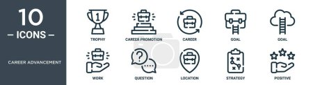 career advancement outline icon set includes thin line trophy, career promotion, career, goal, goal, work, question icons for report, presentation, diagram, web design