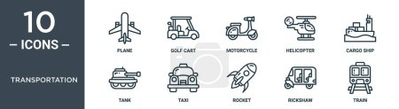 Téléchargez les illustrations : Jeu d'icônes de contour de transport comprend avion mince ligne, voiturette de golf, moto, hélicoptère, cargo, réservoir, icônes de taxi pour rapport, présentation, diagramme, conception web - en licence libre de droit