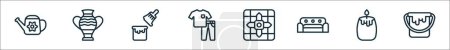esquema conjunto de iconos de línea de upcycling. vector lineal iconos tales como regadera, jarrón, pintura, ropa, mosaico, sofá, vela, cubo de pintura