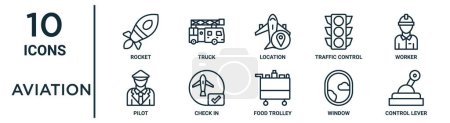 aviation outline icon set such as thin line rocket, location, worker, check in, window, control lever, pilot icons for report, presentation, diagram, web design