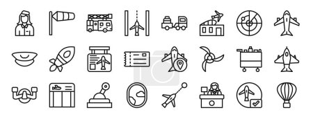 Satz von 24 umrissenen Web-Luftfahrt-Symbolen wie Stewardess, Windsack, LKW, Landebahn, Gepäckwagen, Gebäude, Radarvektorsymbole für Bericht, Präsentation, Diagramm, Webdesign, mobile App