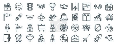 set of 40 outline web aviation icons such as helmet, windsock, oxygen mask, exit door, building, flight information, plane icons for report, presentation, diagram, web design, mobile app