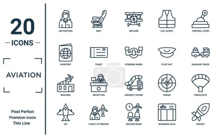 aviation linear icon set. includes thin line air hostess, passport, building, jet, rocket, steering wheel, parachute icons for report, presentation, diagram, web design