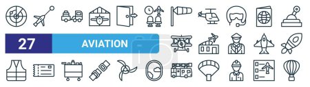 set of 27 outline web aviation icons such as radar, directions, baggage truck, helicopter, building, ticket, truck, air balloon vector thin line icons for web design, mobile app.