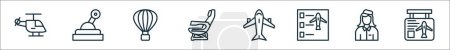 outline set of aviation line icons. linear vector icons such as helicopter, control lever, air balloon, seat, aircraft, checklist, air hostess, flight information