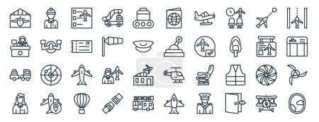 set of 40 outline web aviation icons such as worker, reception, baggage truck, air hostess, flight information, runway, passport icons for report, presentation, diagram, web design, mobile app