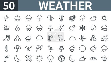 jeu de 50 icônes météo web telles que la foudre, le soleil, la pluie, la foudre, le froid, le froid, le réchauffement vecteur icônes minces pour rapport, présentation, diagramme, conception web, application mobile.