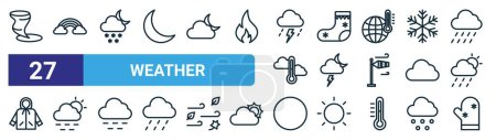 ensemble de 27 icônes météo web telles que tornade, arc-en-ciel, enneigé, chaussette, foudre, brouillard, pleine lune, hiver vecteur de gants icônes de ligne mince pour la conception web, application mobile.