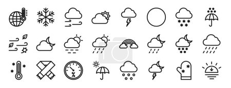 ensemble de 24 icônes météo web telles que le réchauffement, flocon de neige, venteux, nuageux, la foudre, la pleine lune, icônes vectorielles enneigées pour rapport, présentation, diagramme, conception web, application mobile