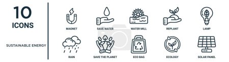 sustainable energy outline icon set such as thin line magnet, water mill, lamp, save the planet, ecology, solar panel, rain icons for report, presentation, diagram, web design