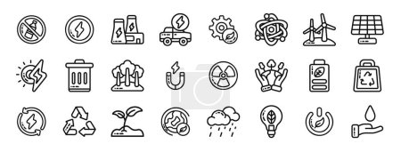 set of 24 outline web sustainable energy icons such as no plastic bottles, energy, power plant, electric car, sustainability, science, wind mill vector icons for report, presentation, diagram, web