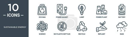 sustainable energy outline icon set includes thin line eco bag, power socket, lamp, power plant, battery, science, no plastic bottles icons for report, presentation, diagram, web design