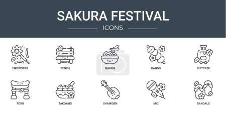 set of 10 outline web sakura festival icons such as fireworks, bench, ramen, dango, suitcase, torii, takoyaki vector icons for report, presentation, diagram, web design, mobile app