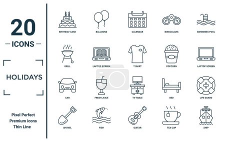 vacaciones conjunto de iconos lineales. incluye pastel de cumpleaños de línea delgada, parrilla, coche, pala, barco, camiseta, iconos de salvavidas para el informe, presentación, diagrama, diseño web