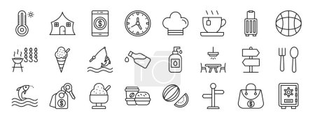 conjunto de 24 iconos de vacaciones web esquema como termómetro, camping, teléfono inteligente, reloj de pared, sombrero de chef, taza de té, iconos vectoriales maleta para el informe, presentación, diagrama, diseño web, aplicación móvil