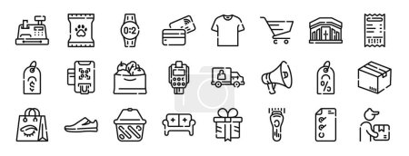 Illustration for Set of 24 outline web shopping icons such as cashier, pet food, wristwatch, credit card, shirt, trolley, shopping mall vector icons for report, presentation, diagram, web design, mobile app - Royalty Free Image