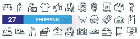 Illustration for Set of 27 outline web shopping icons such as furniture, price tag, courier, card hine, shopping basket, delivery, shopping mall, ecommerce vector thin line icons for web design, mobile app. - Royalty Free Image