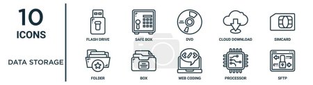Datenspeicher Umrisse Icon-Set wie dünne Linie Flash-Laufwerk, dvd, simcard, box, Prozessor, sftp, Ordner-Symbole für Bericht, Präsentation, Diagramm, Web-Design