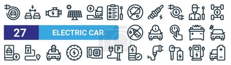 set of 27 outline web electric car icons such as electric car, car, motor, spark plug, alert, charging station, battery, battery vector thin line icons for web design, mobile app.