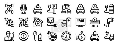 set of 24 outline web electric car icons such as drivetrain, voice control, car, charging station, solar energy, alert, electric car vector icons for report, presentation, diagram, web design,