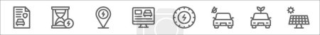 Ilustración de Esquema conjunto de iconos de línea de coche eléctrico. iconos vectoriales lineales como seguro de automóvil, reloj de arena, ubicación, monitor, neumático, sin combustibles fósiles, coche eléctrico, panel solar - Imagen libre de derechos