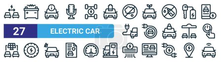 set of 27 outline web electric car icons such as car, car battery, alert, electric electric tire, ac, smart vector thin line icons for web design, mobile app.