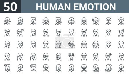 Satz von 50 Umrissen Web menschliche Emotionen Symbole wie Vertrauen, stur, glücklich, verwirrt, Liebe, Liebe, neutrale Vektor dünne Symbole für Bericht, Präsentation, Diagramm, Web-Design, mobile App.