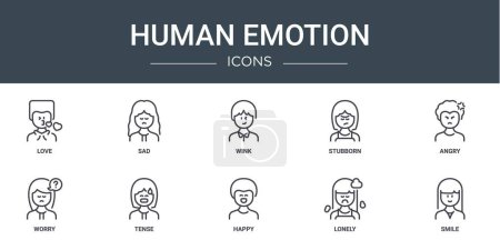 Satz von 10 Umrissen Web menschliche Emotionen Symbole wie Liebe, traurig, Augenzwinkern, stur, wütend, Sorgen, angespannte Vektor-Symbole für Bericht, Präsentation, Diagramm, Web-Design, mobile App