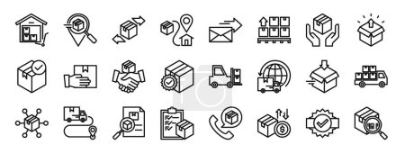 set of 24 outline web delivery icons such as warehouse, tracking, distribution, , mail, pallet, fragile vector icons for report, presentation, diagram, web design, mobile app