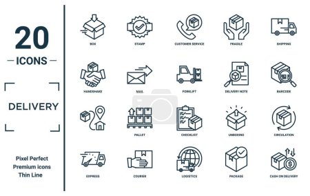 delivery linear icon set. includes thin line box, handshake, , express, cash on delivery, forklift, circulation icons for report, presentation, diagram, web design