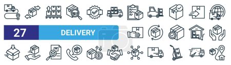 set of 27 outline web delivery icons such as route, distribution, pallet, forklift, circulation, delivery service, network, vector thin line icons for web design, mobile app.
