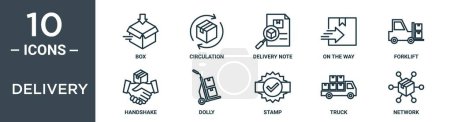delivery outline icon set includes thin line box, circulation, delivery note, on the way, forklift, handshake, dolly icons for report, presentation, diagram, web design
