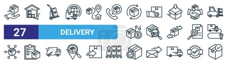 set of 27 outline web delivery icons such as delivery service, warehouse, dolly, courier, barcode, checklist, sealed, package vector thin line icons for web design, mobile app.