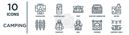 camping outline icon set such as thin line navigation, tent, water, raincoat, cooking, camping table, icons for report, presentation, diagram, web design