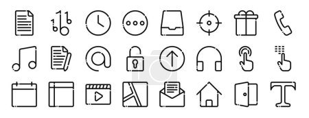 conjunto de 24 iconos de interfaz de usuario web esquema tales como documento, nota musical, reloj, más, archivo, objetivo, iconos de vectores de regalo para el informe, presentación, diagrama, diseño web, aplicación móvil