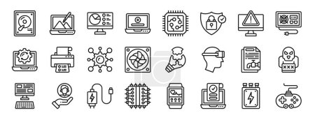 set of 24 outline web technology icons such as hard drive, theme, dashboard, installation, chip, shield, warning vector icons for report, presentation, diagram, web design, mobile app
