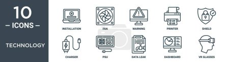 technology outline icon set includes thin line installation, fan, warning, printer, shield, charger, psu icons for report, presentation, diagram, web design