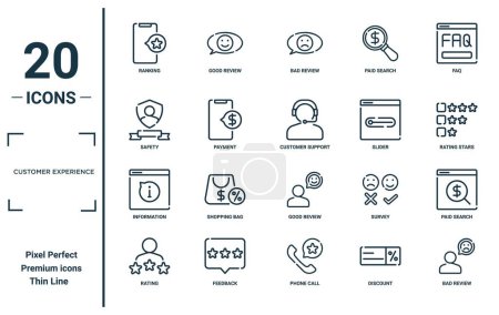 customer experience linear icon set. includes thin line ranking, safety, information, rating, bad review, customer support, paid search icons for report, presentation, diagram, web design