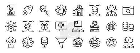 set of 24 outline web data icons such as seo report, decision making, data analytics, document, stock market, servers, network vector icons for report, presentation, diagram, web design, mobile app