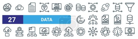 set of 27 outline web data icons such as business chart, secure, document, microservices, network, server, configuration, computer tings vector thin line icons for web design, mobile app.